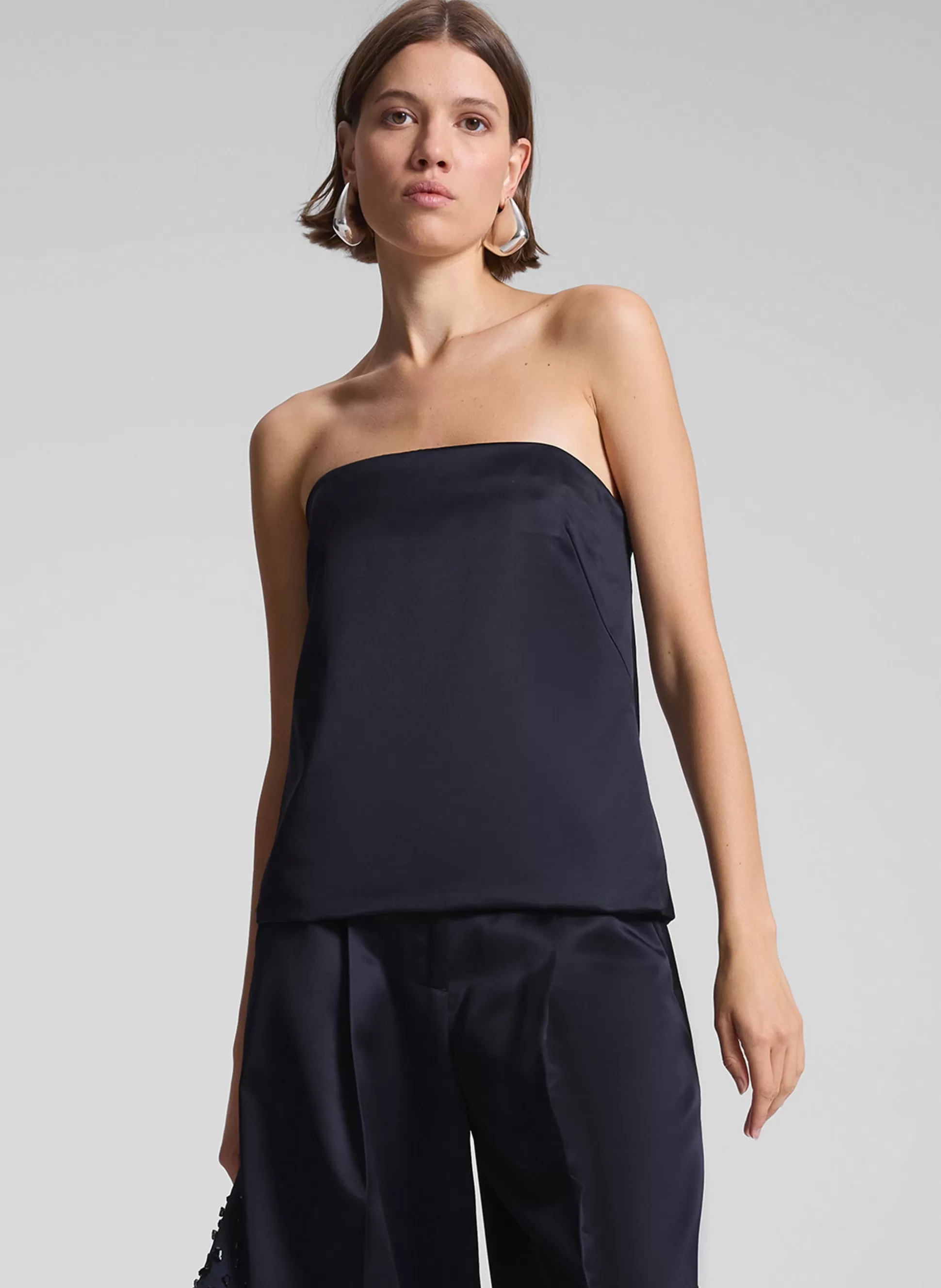 Tops>A.L.C. Ani Strapless Satin Top Deep Navy
