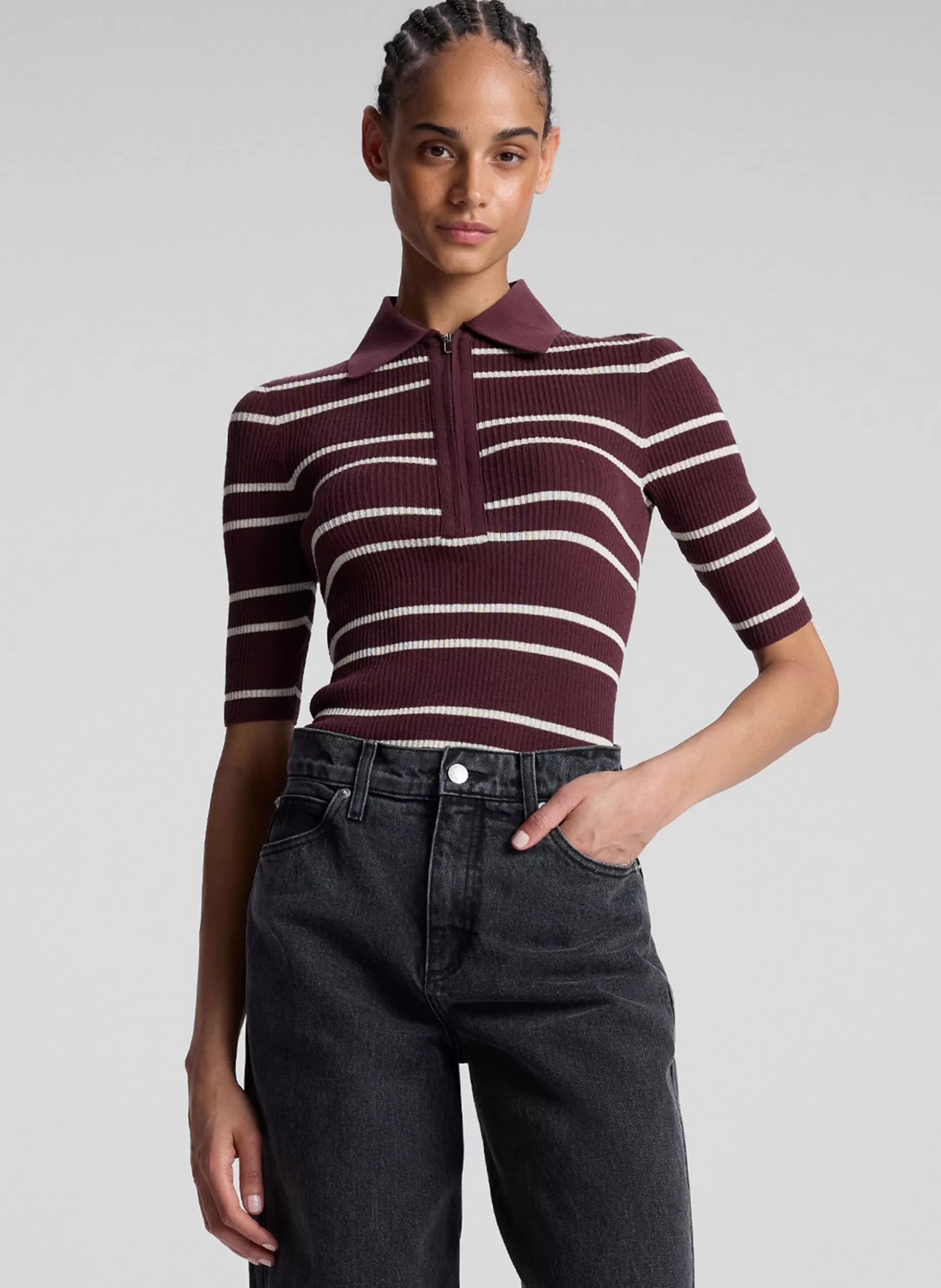 Tops>A.L.C. Cooper Fine Cotton Ribbed Top Carob/White Wide Stripe