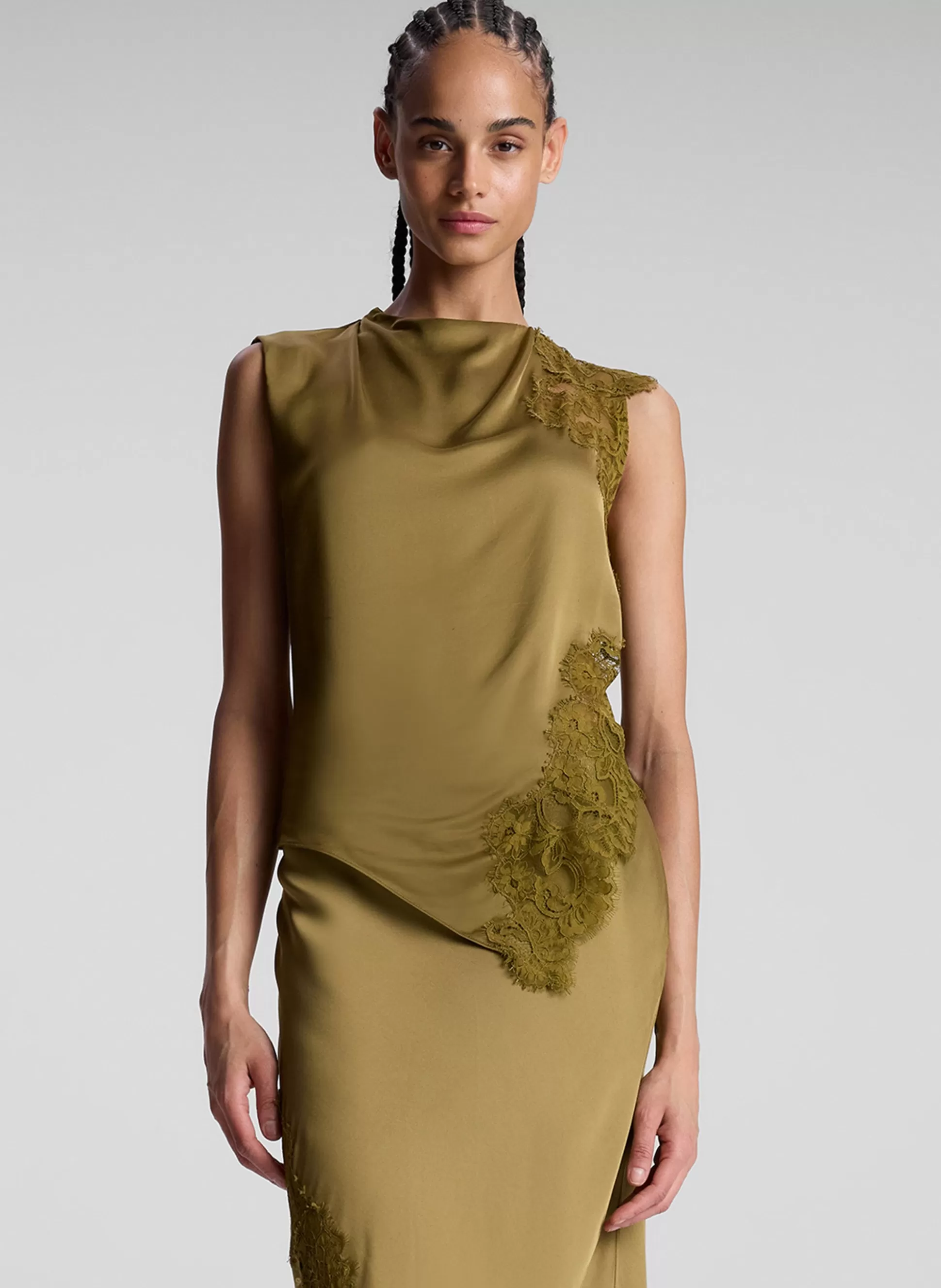 Tops>A.L.C. Gracie Satin And Lace Sleeveless Top Pyrite