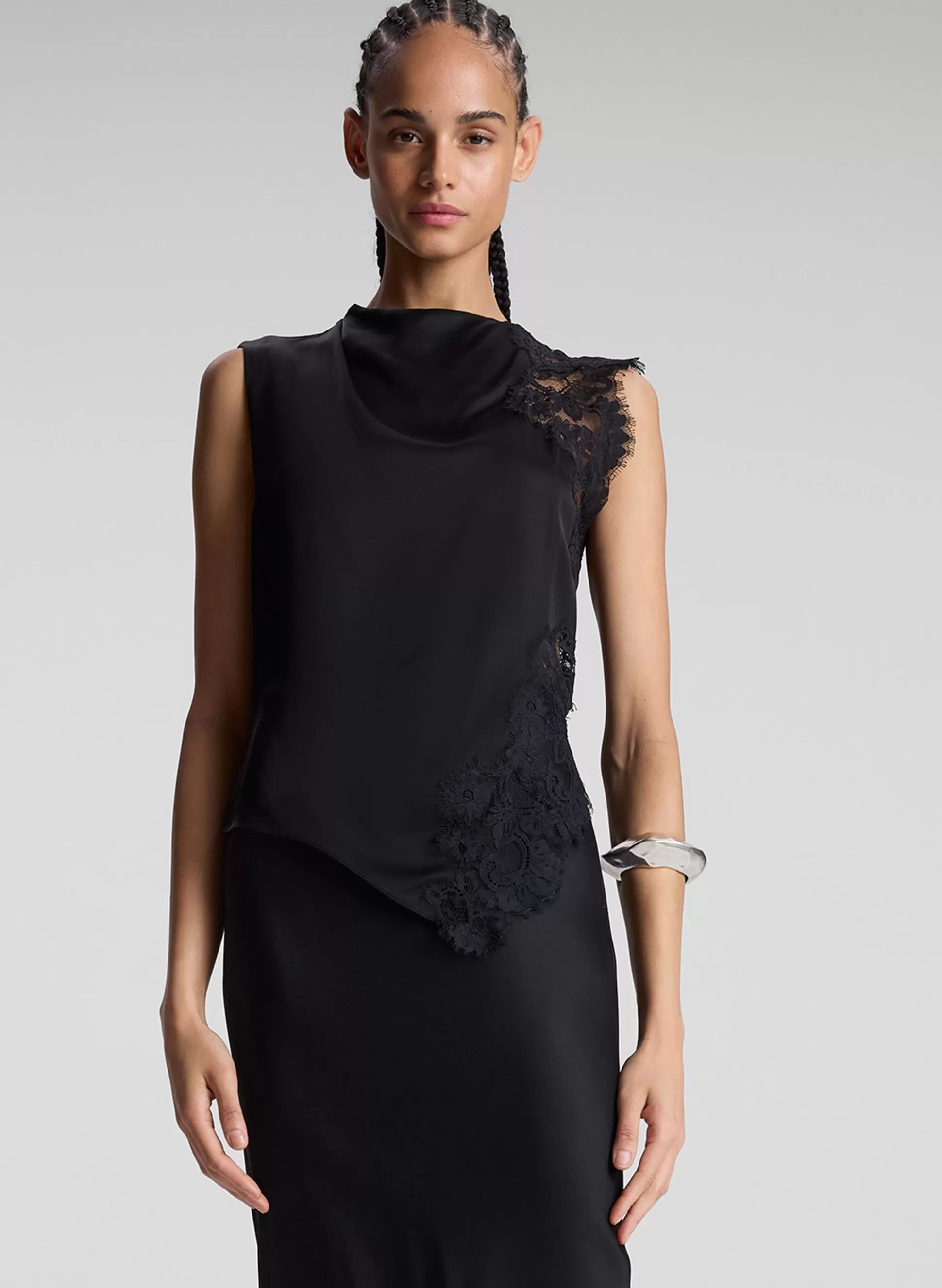 Tops>A.L.C. Gracie Satin And Lace Sleeveless Top Black