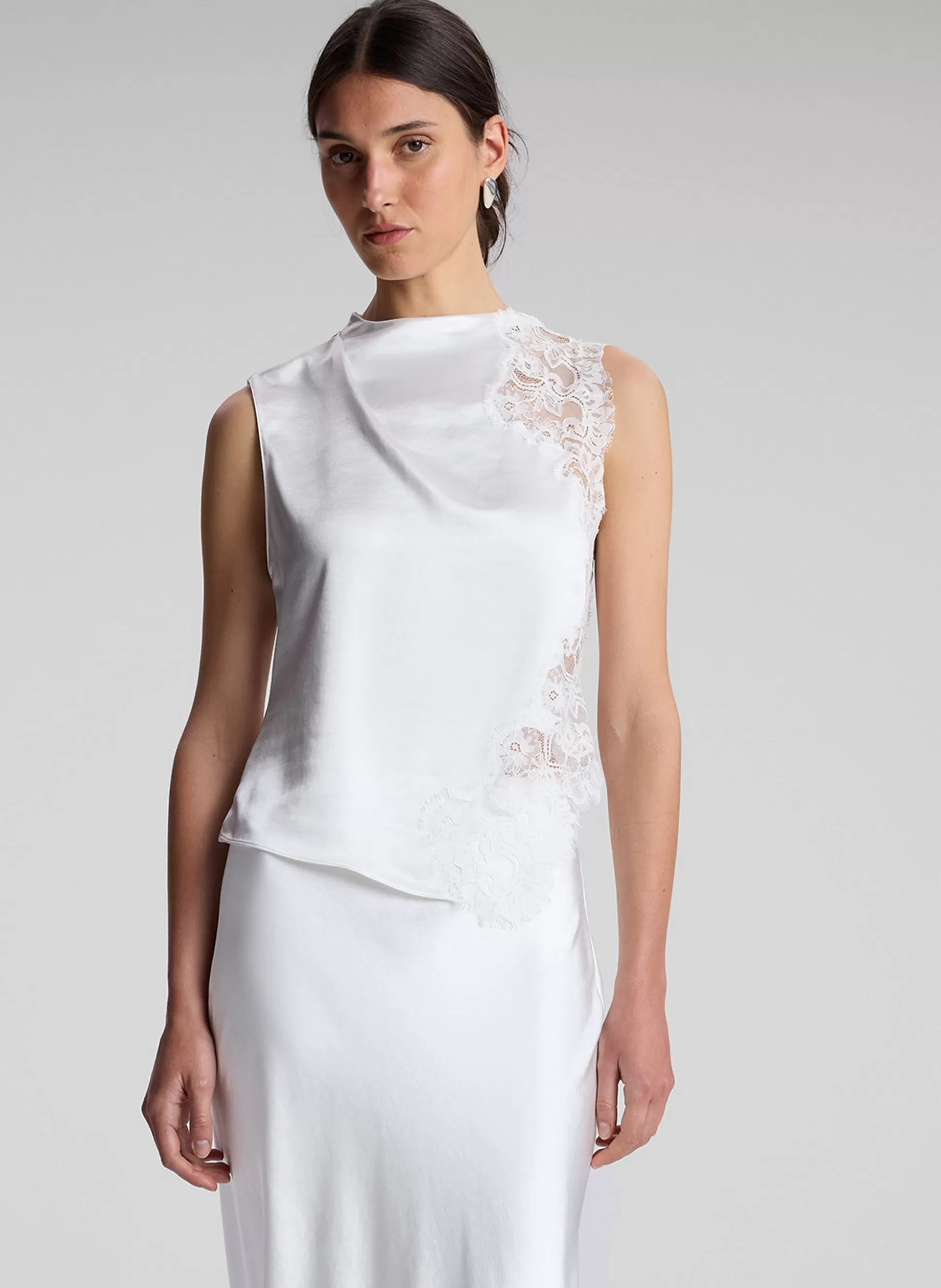 Tops>A.L.C. Gracie Satin And Lace Sleeveless Top Whisper White