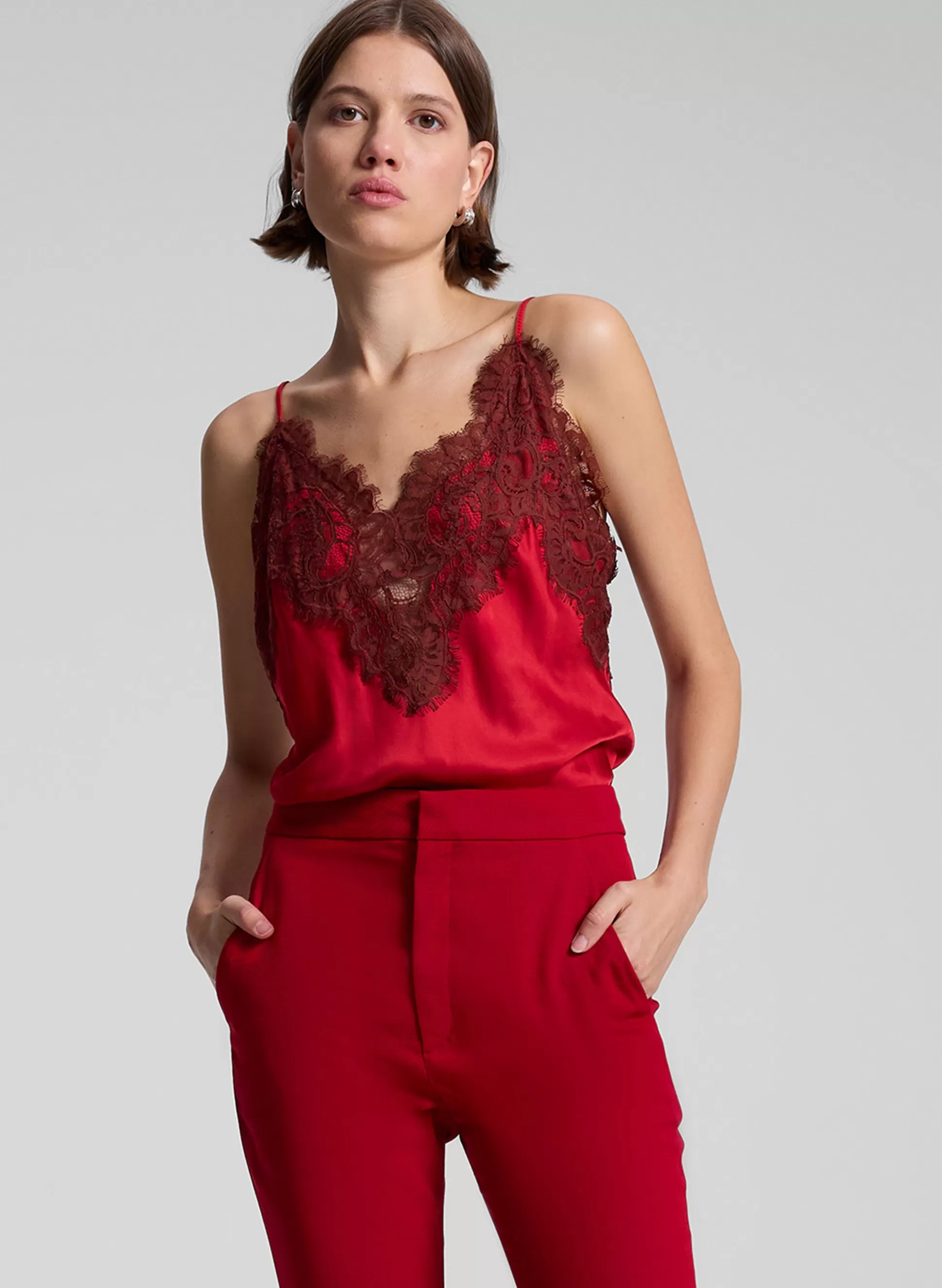 Tops | Tees & Tanks>A.L.C. Lennon Satin And Lace Camisole Top Really Red/Bosco