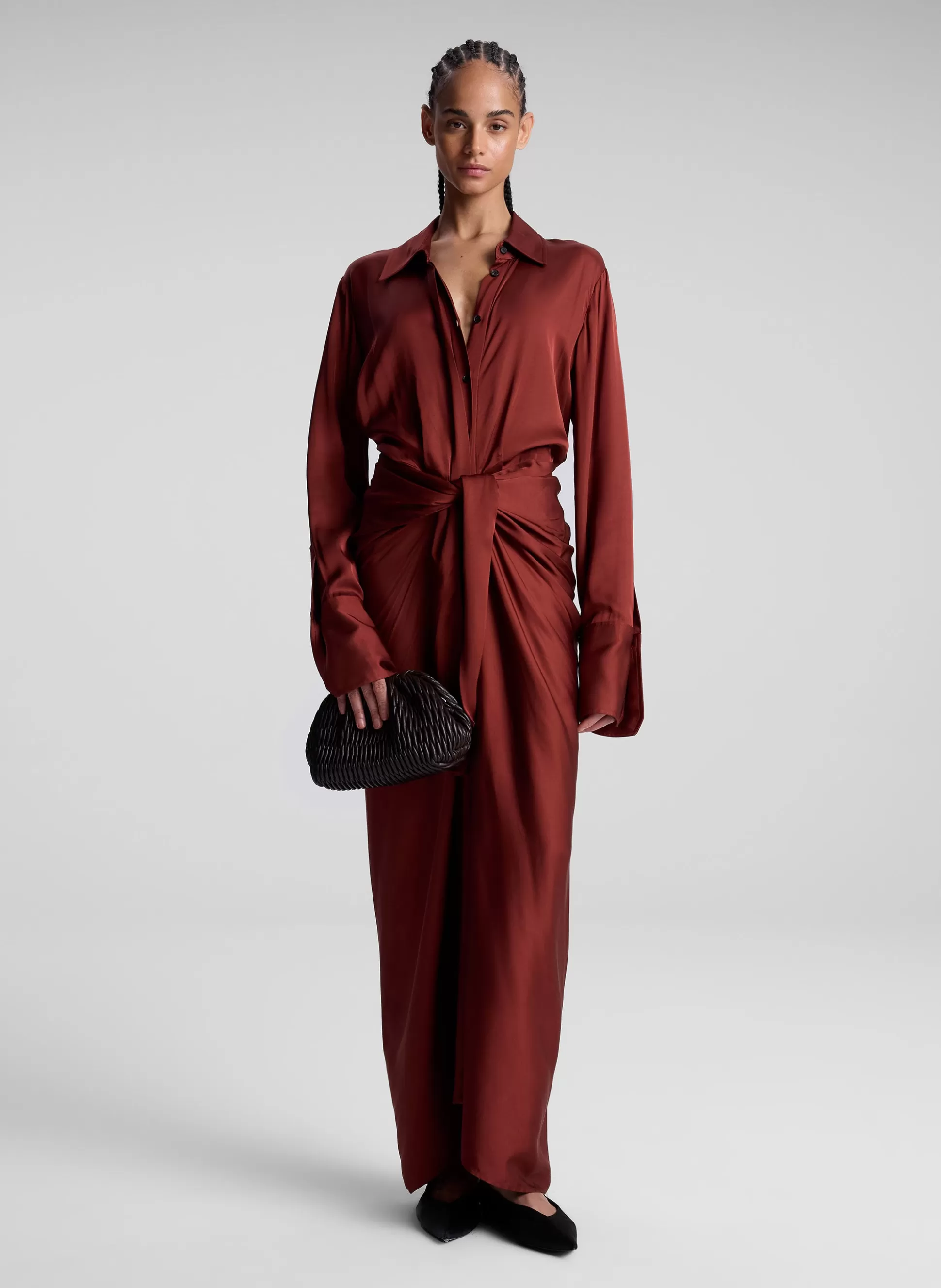 Dresses>A.L.C. Mila Satin Maxi Shirtdress Bosco