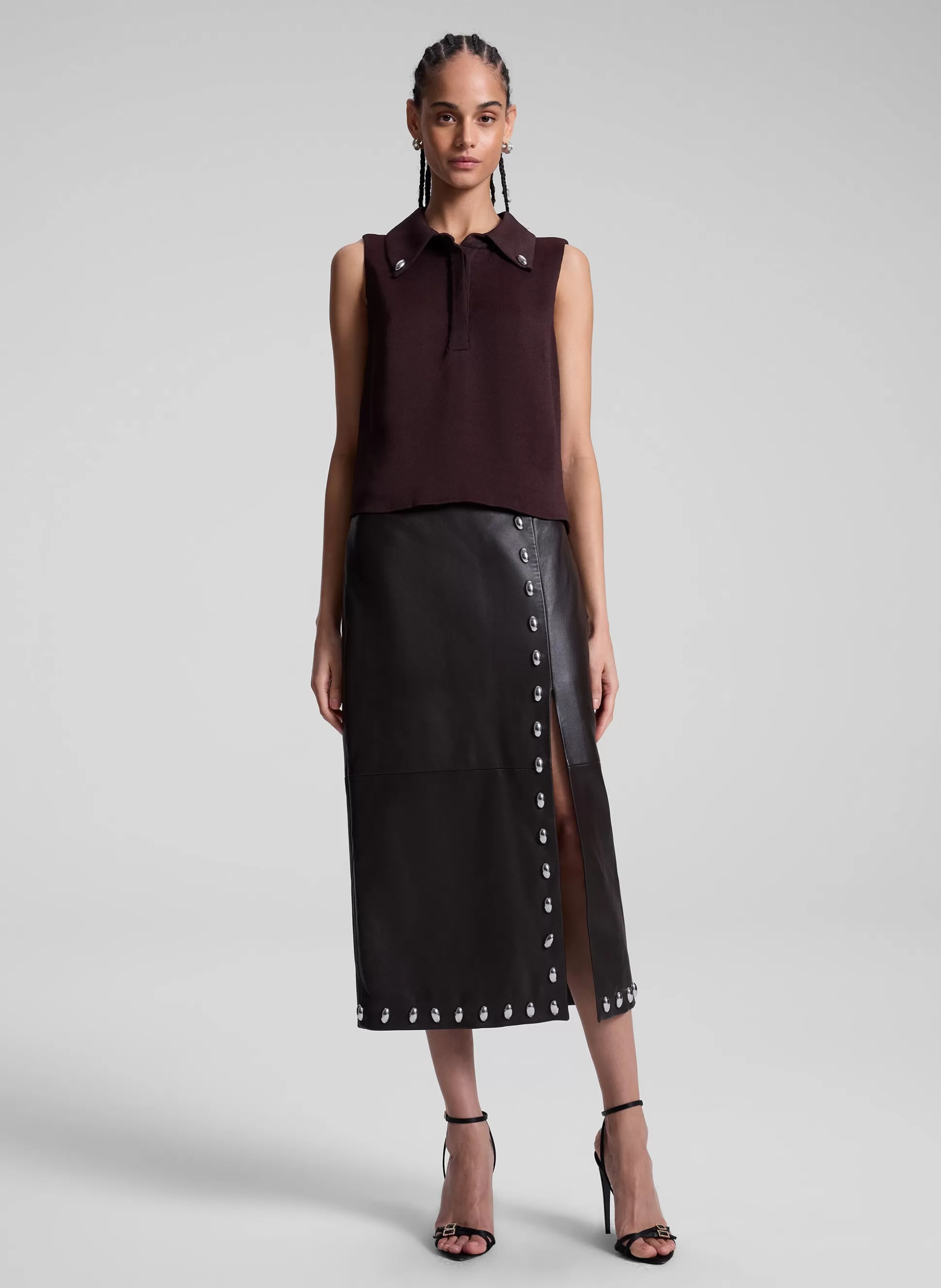 Bottoms | Skirts>A.L.C. Naomi Studded Leather Midi Skirt Ganache