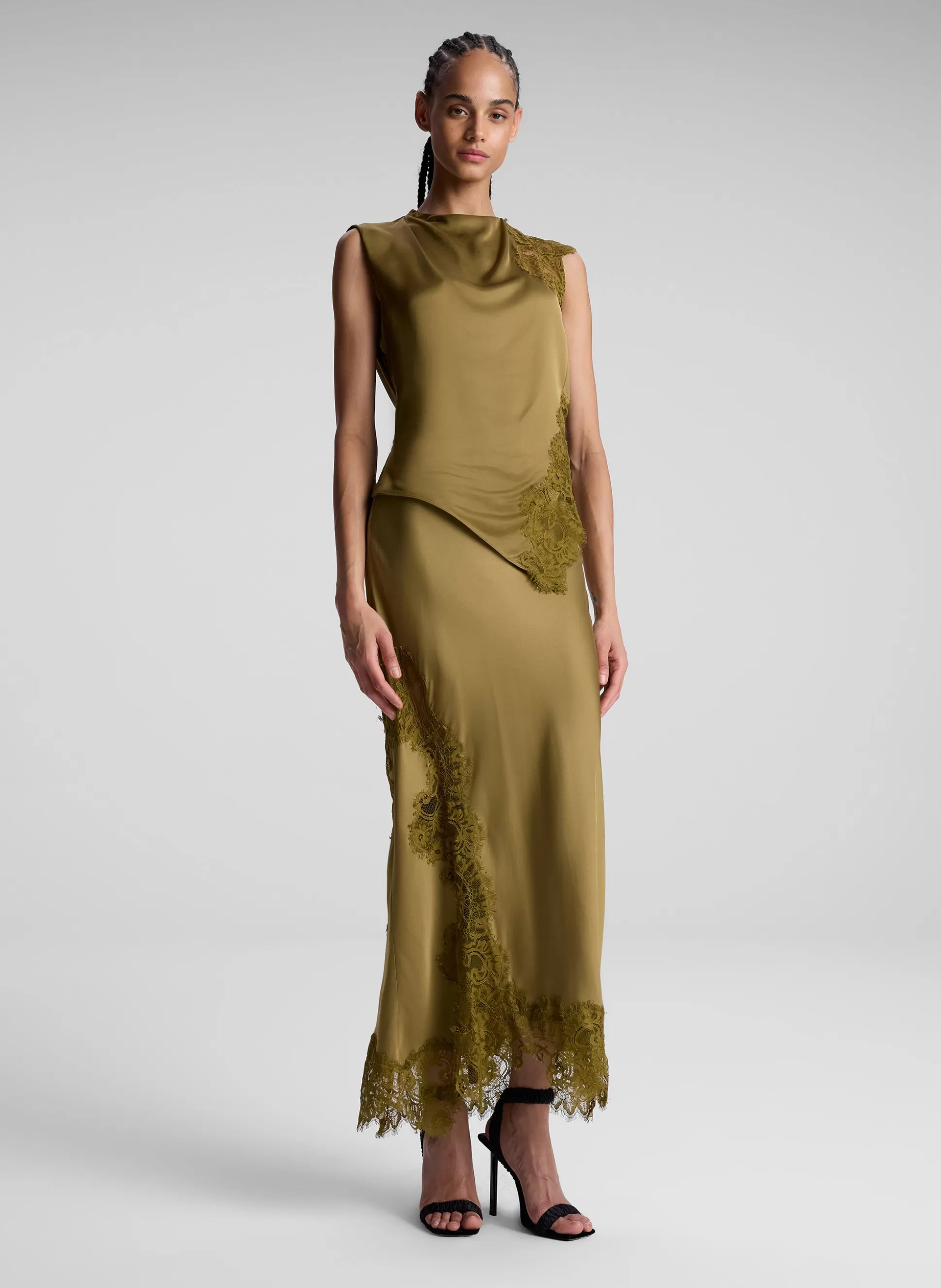 Bottoms | Skirts>A.L.C. Olivia Satin And Lace Midi Skirt Pyrite