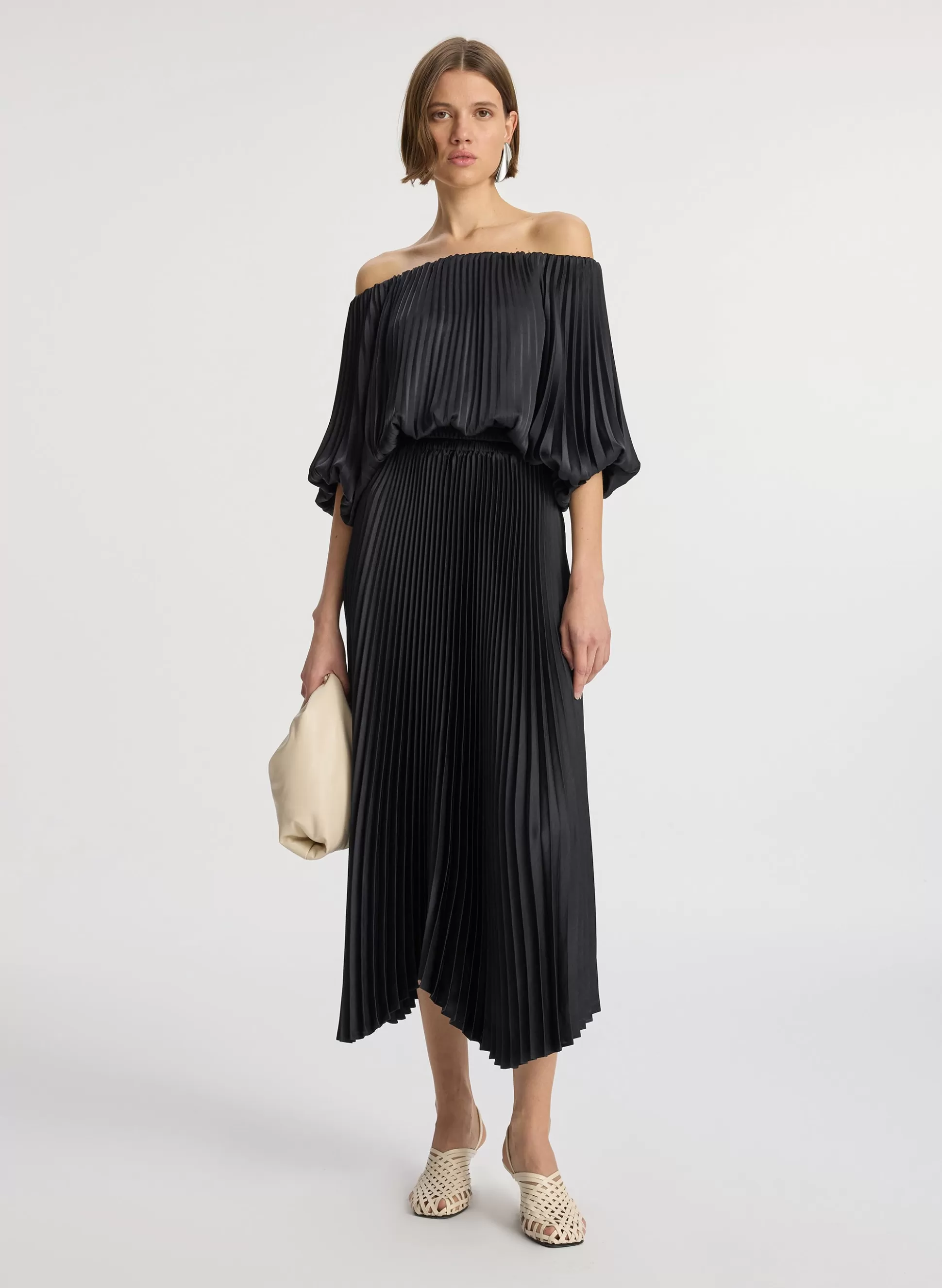 Dresses>A.L.C. Sienna Satin Pleated Off Shoulder Dress Black