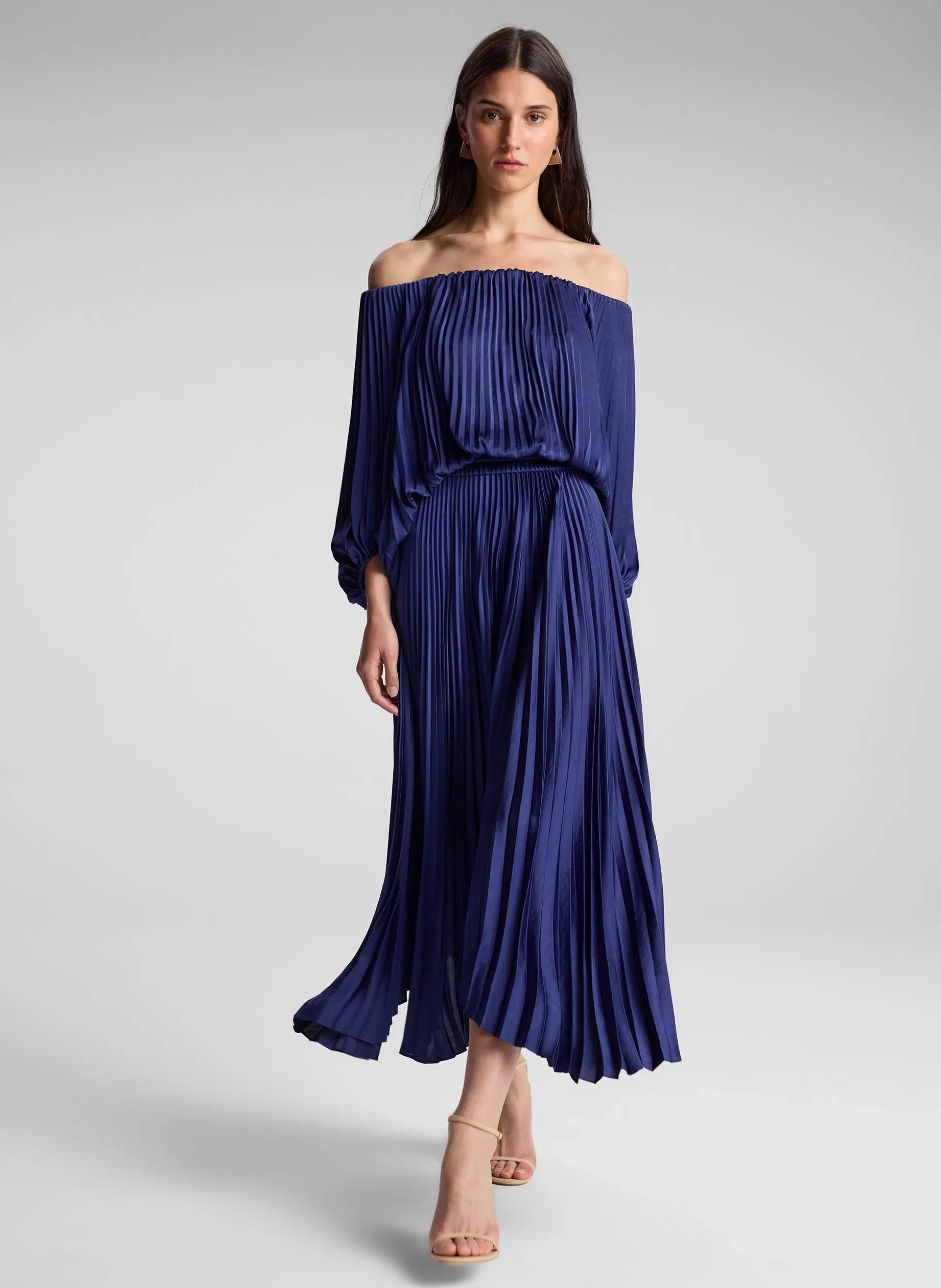 Dresses>A.L.C. Sienna Satin Pleated Off Shoulder Dress Riviera