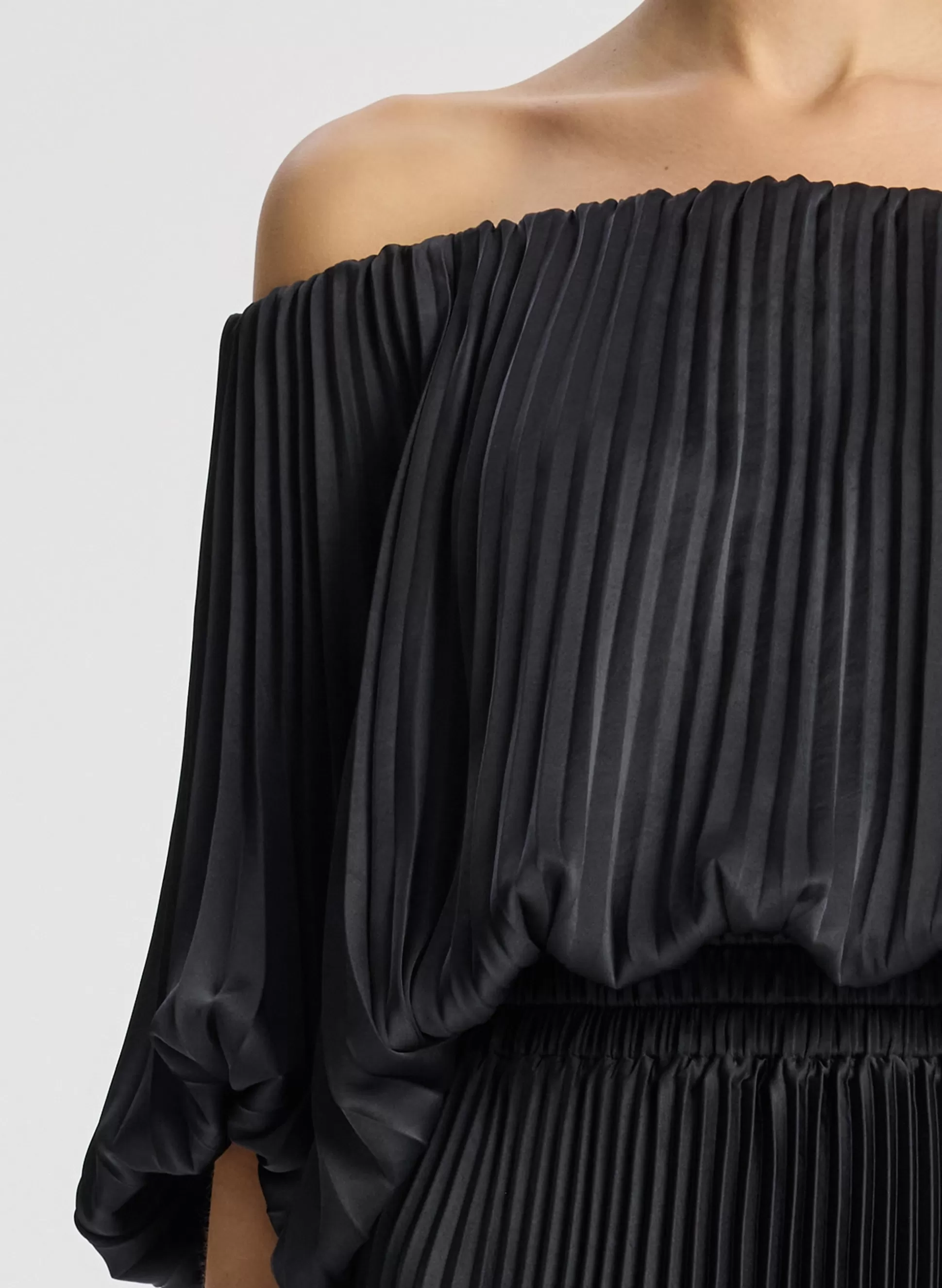 Dresses>A.L.C. Sienna Satin Pleated Off Shoulder Dress Black