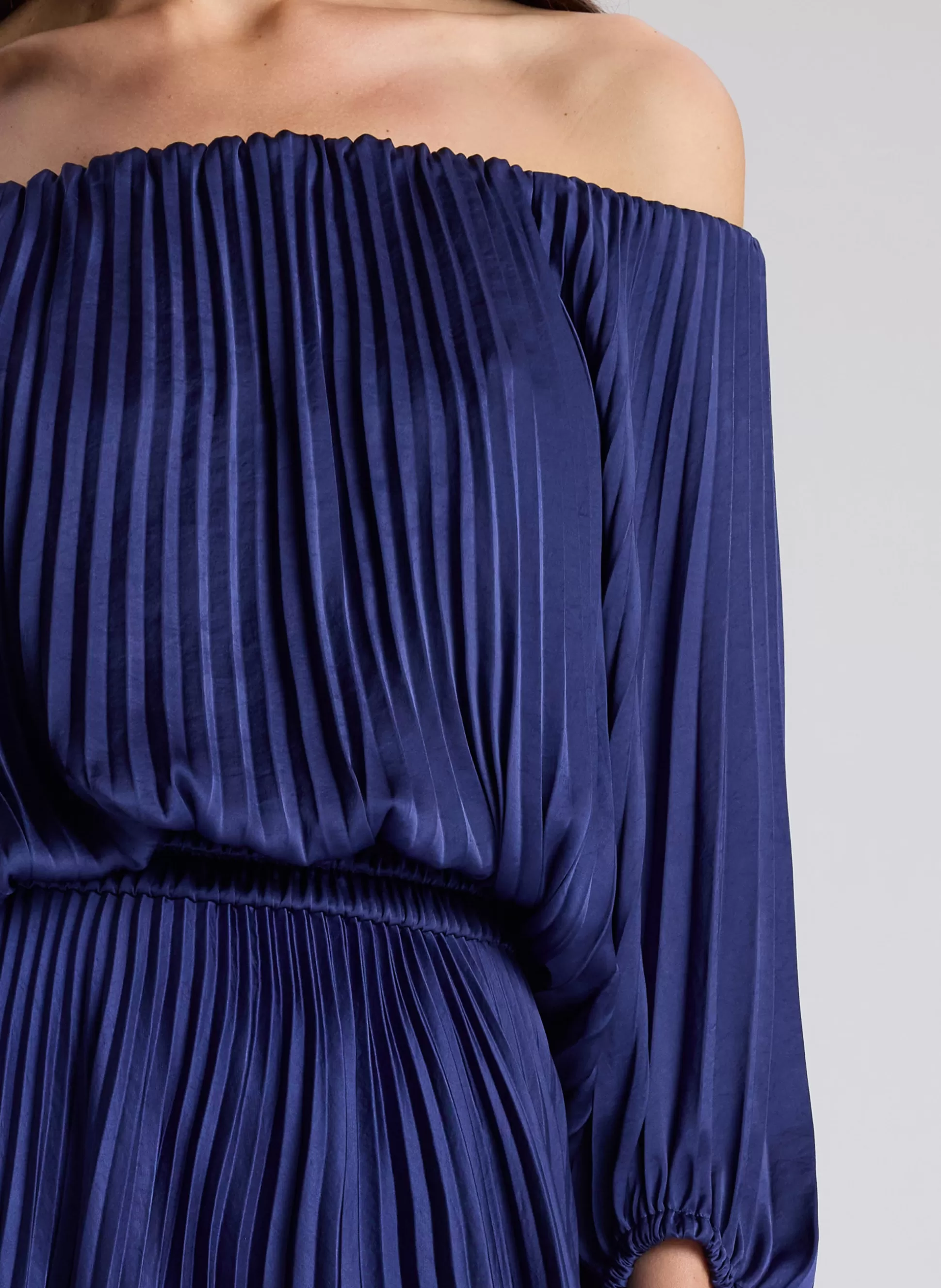 Dresses>A.L.C. Sienna Satin Pleated Off Shoulder Dress Riviera