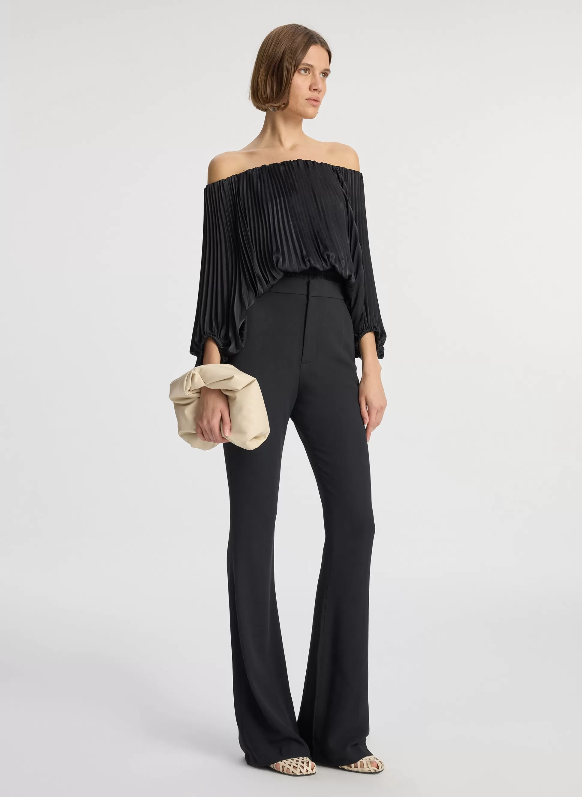 Tops>A.L.C. Sienna Satin Pleated Off Shoulder Top Black