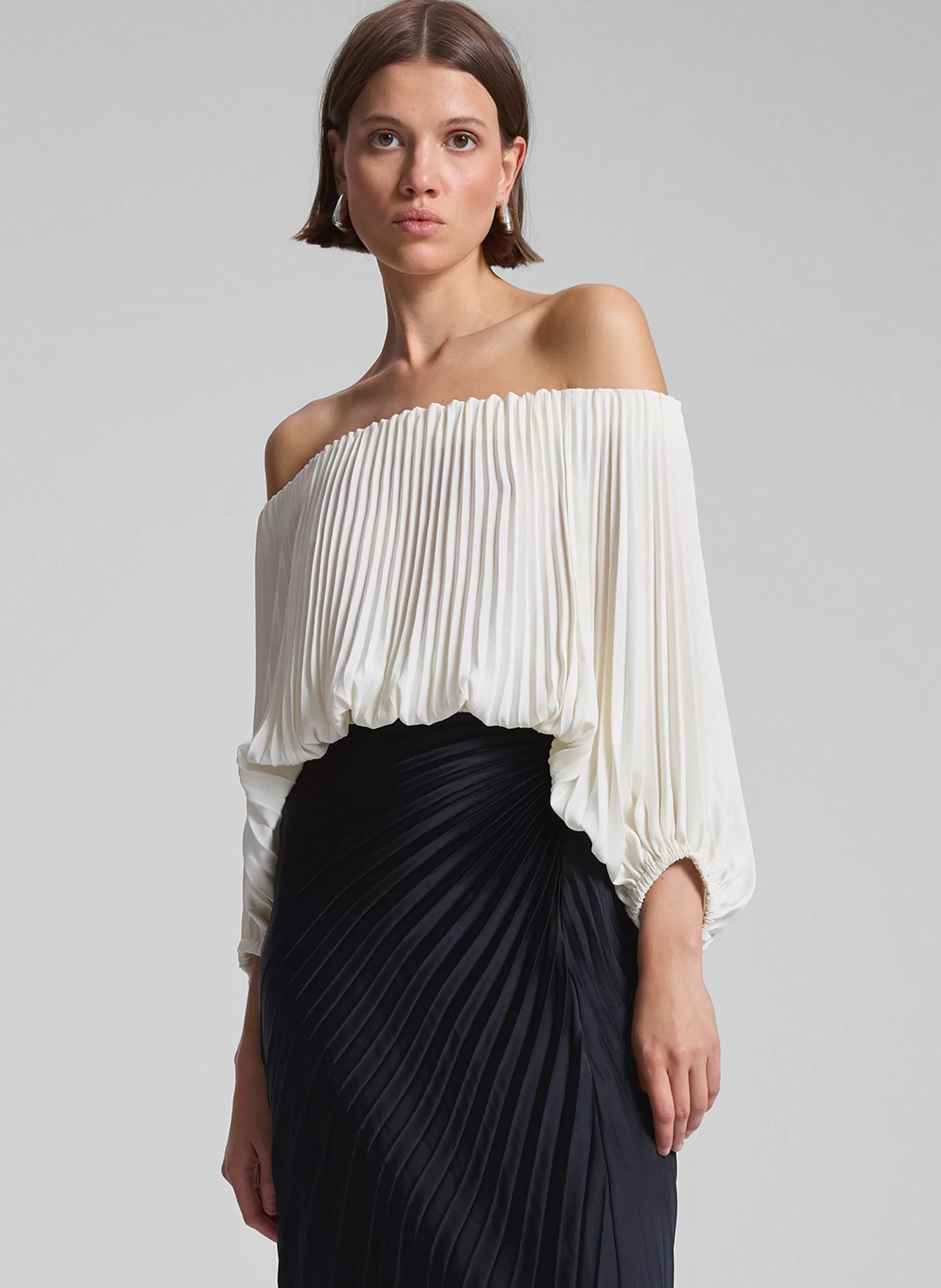 Tops>A.L.C. Sienna Satin Pleated Off Shoulder Top Whisper White