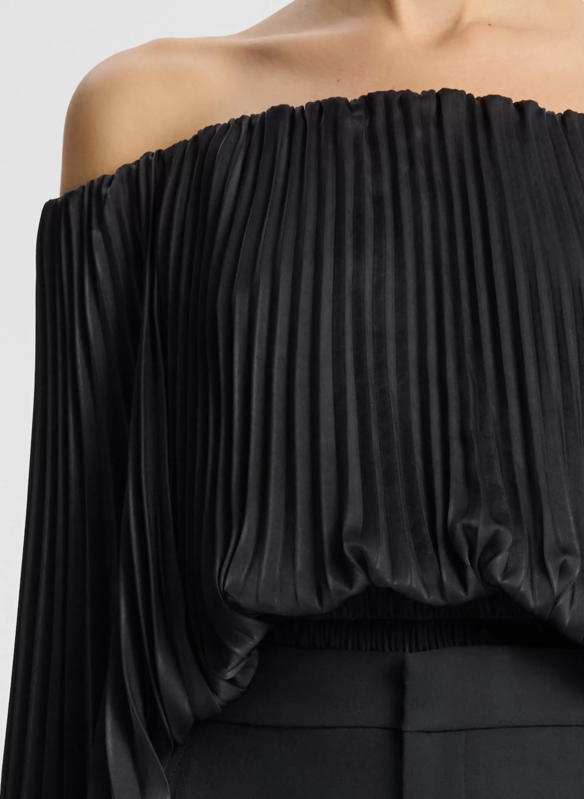 Tops>A.L.C. Sienna Satin Pleated Off Shoulder Top Black