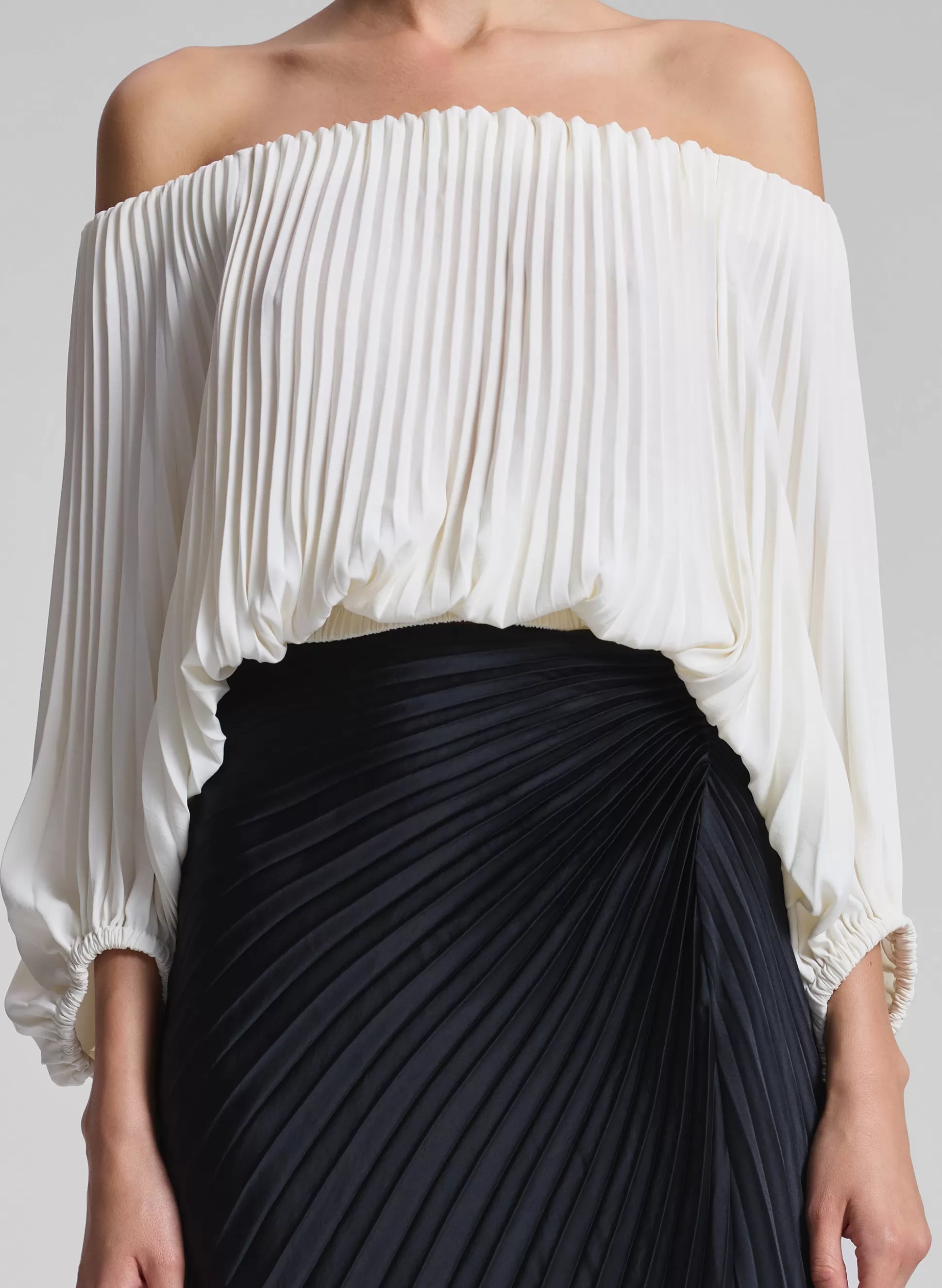 Tops>A.L.C. Sienna Satin Pleated Off Shoulder Top Whisper White