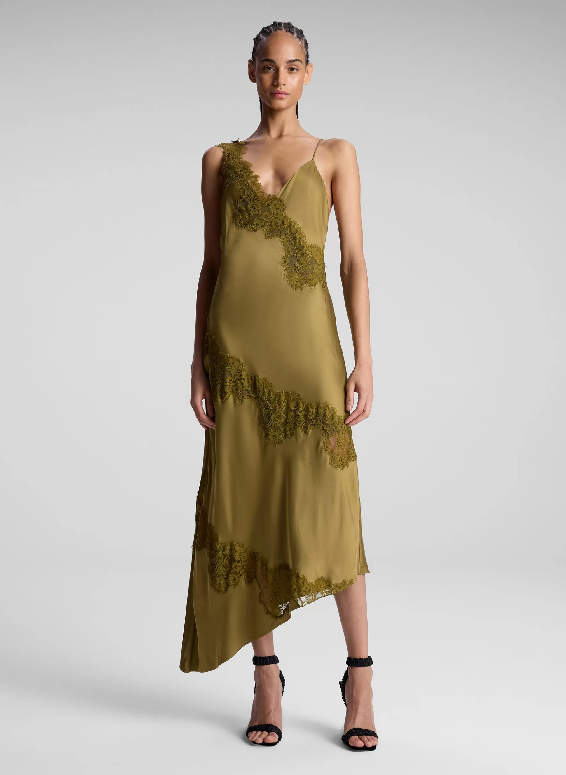 Dresses>A.L.C. Stella Satin And Lace Midi Dress Pyrite