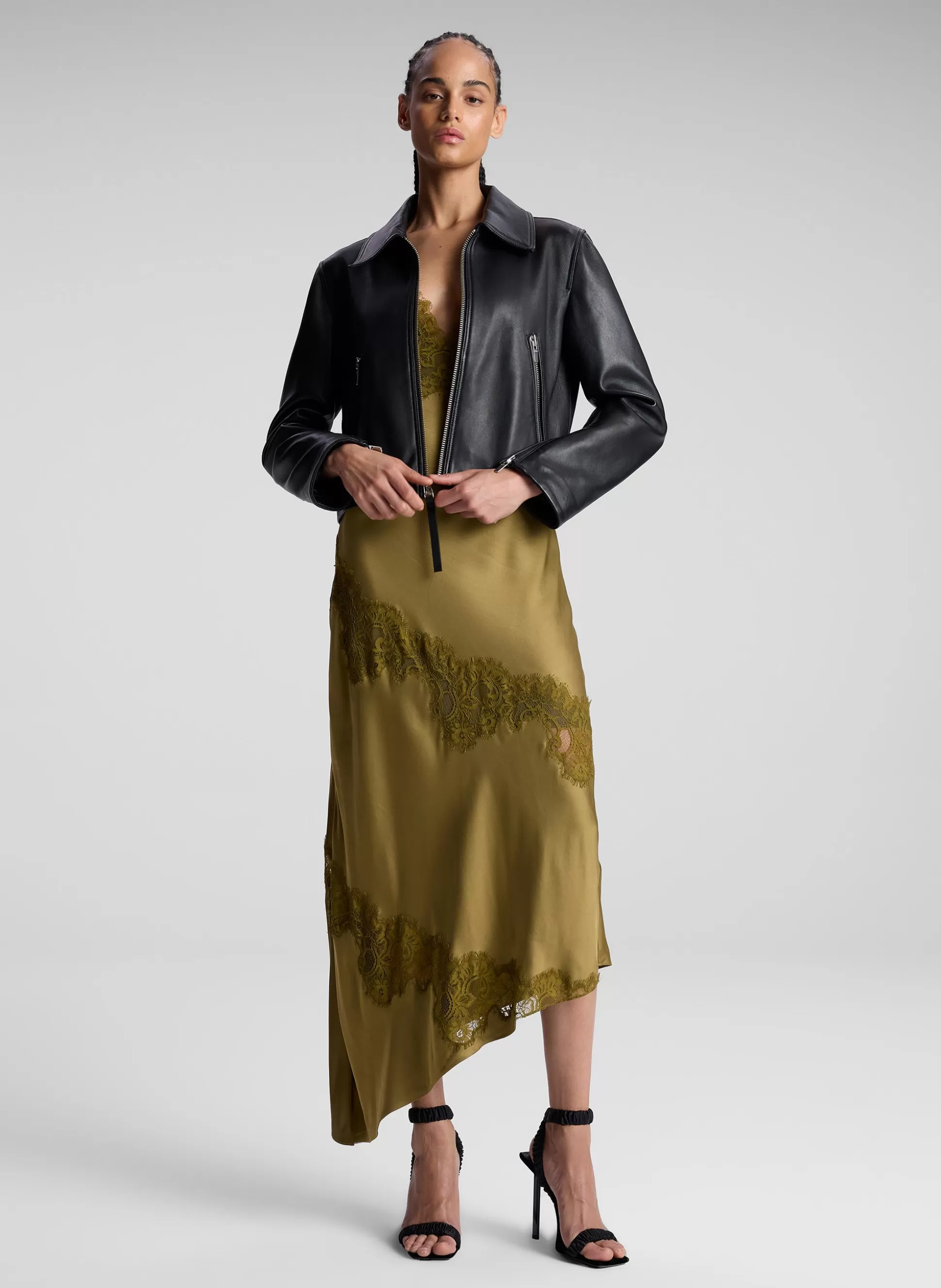 Dresses>A.L.C. Stella Satin And Lace Midi Dress Pyrite