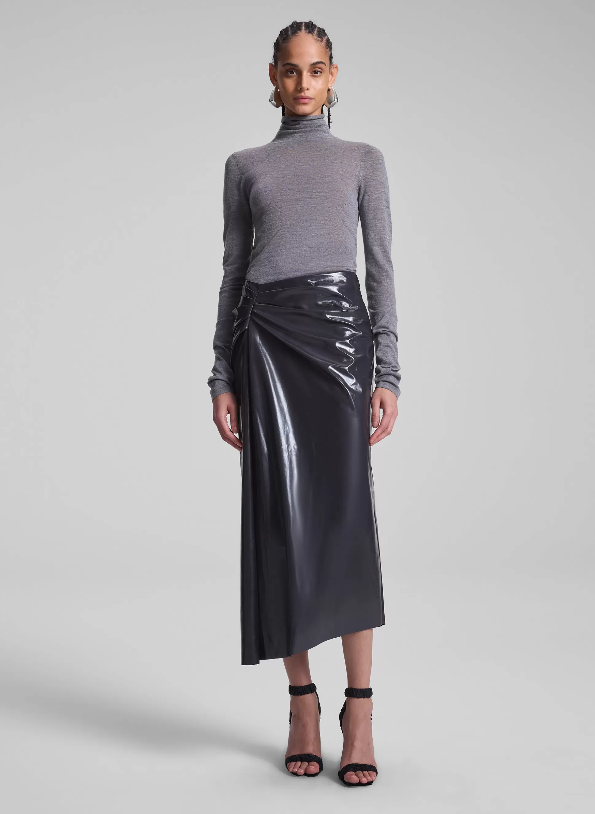 Bottoms | Skirts>A.L.C. Tessa Patent Vegan Leather Midi Skirt Smoke