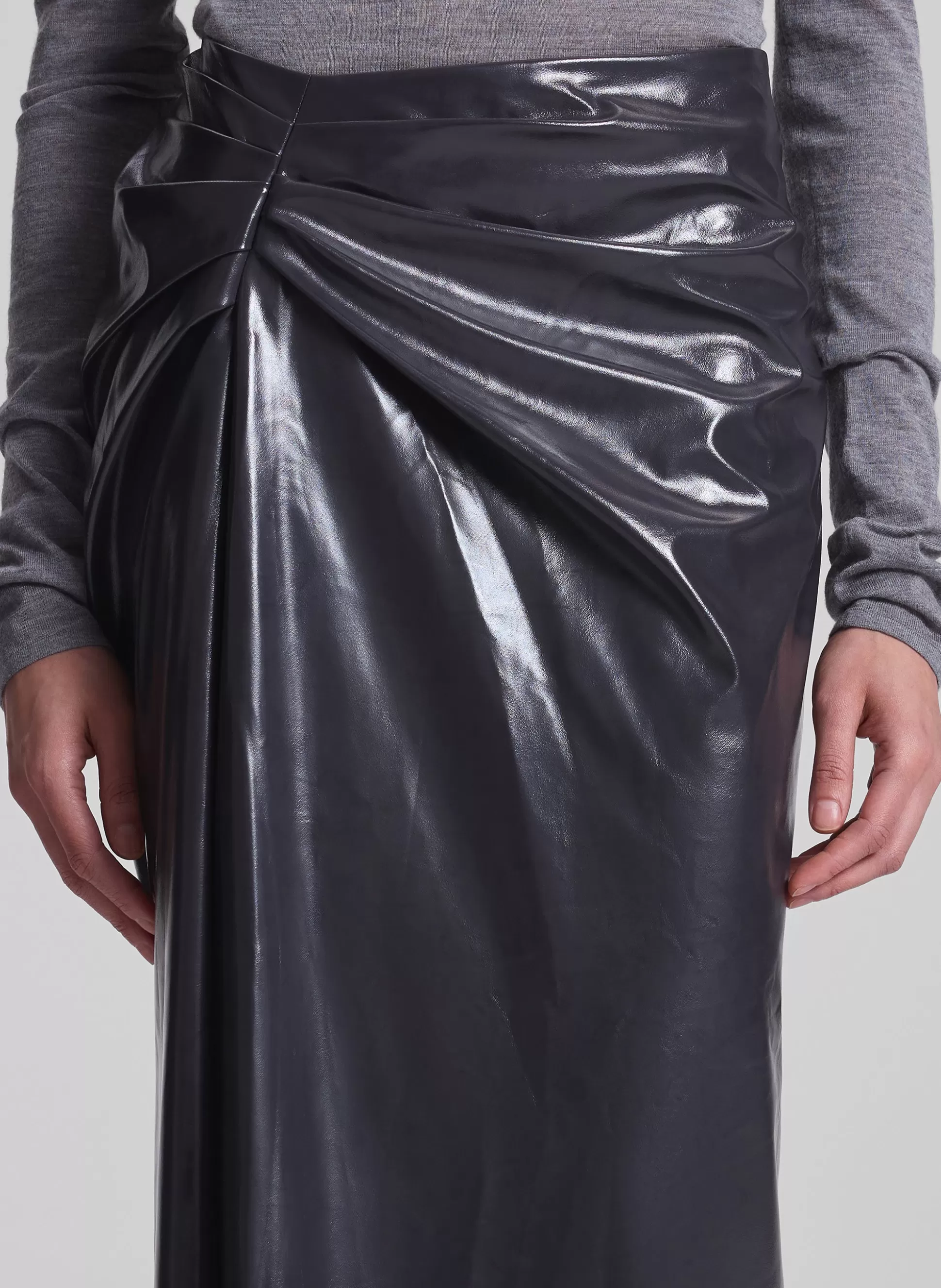 Bottoms | Skirts>A.L.C. Tessa Patent Vegan Leather Midi Skirt Smoke